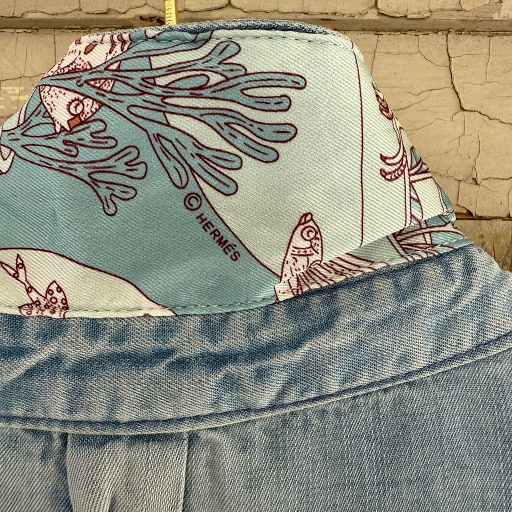 Herms Blue Scarf On A Denim Shacket